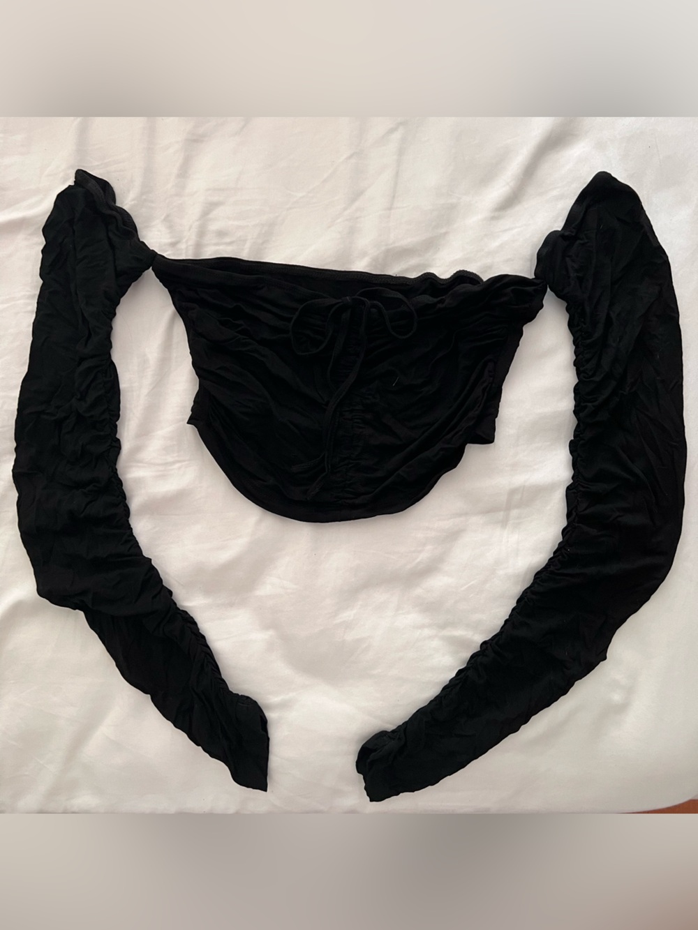 Women's Black Ruched Long-Sleeve Off the Shoulder Crop Top